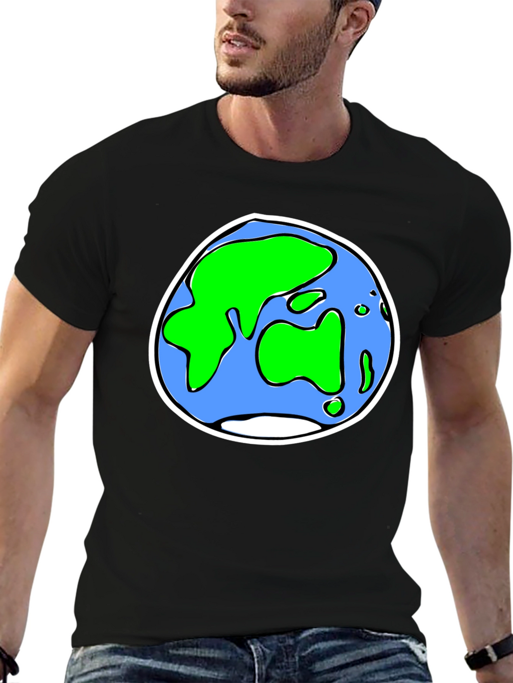 Cartoon Earth Graphic Tee - Black Crew Neck T-Shirt