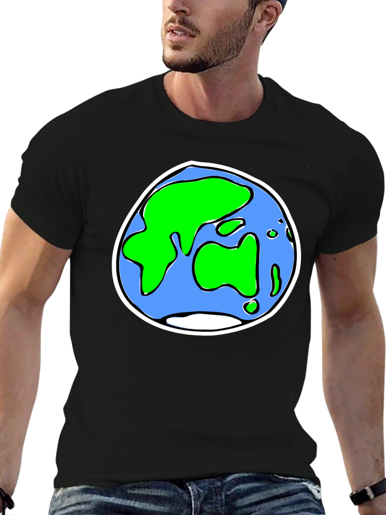 Cartoon Earth Graphic Tee - Black Crew Neck T-Shirt