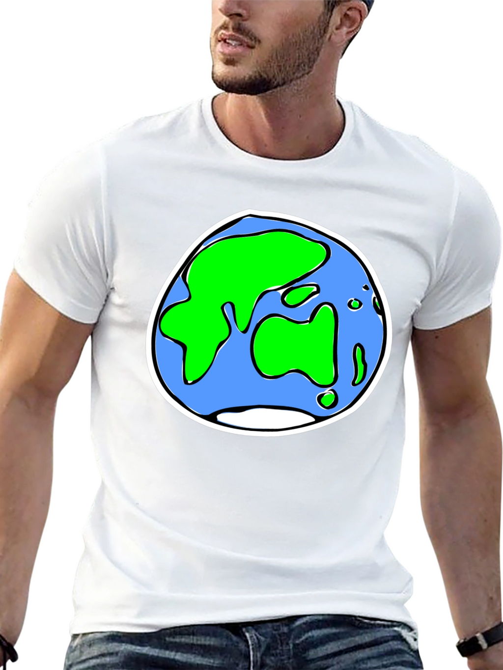 Cartoon Earth Graphic Tee - Black Crew Neck T-Shirt