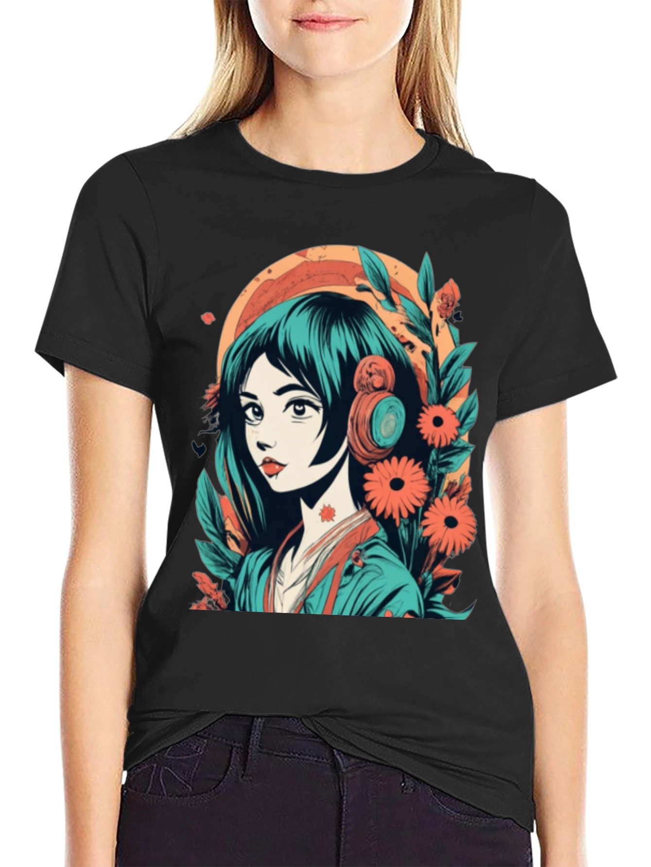 Anime Girl Graphic Tee - Floral & Headphones Design