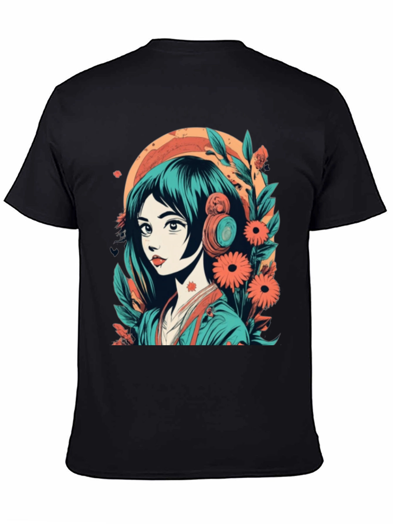 Anime Girl Graphic Tee - Floral & Headphones Design