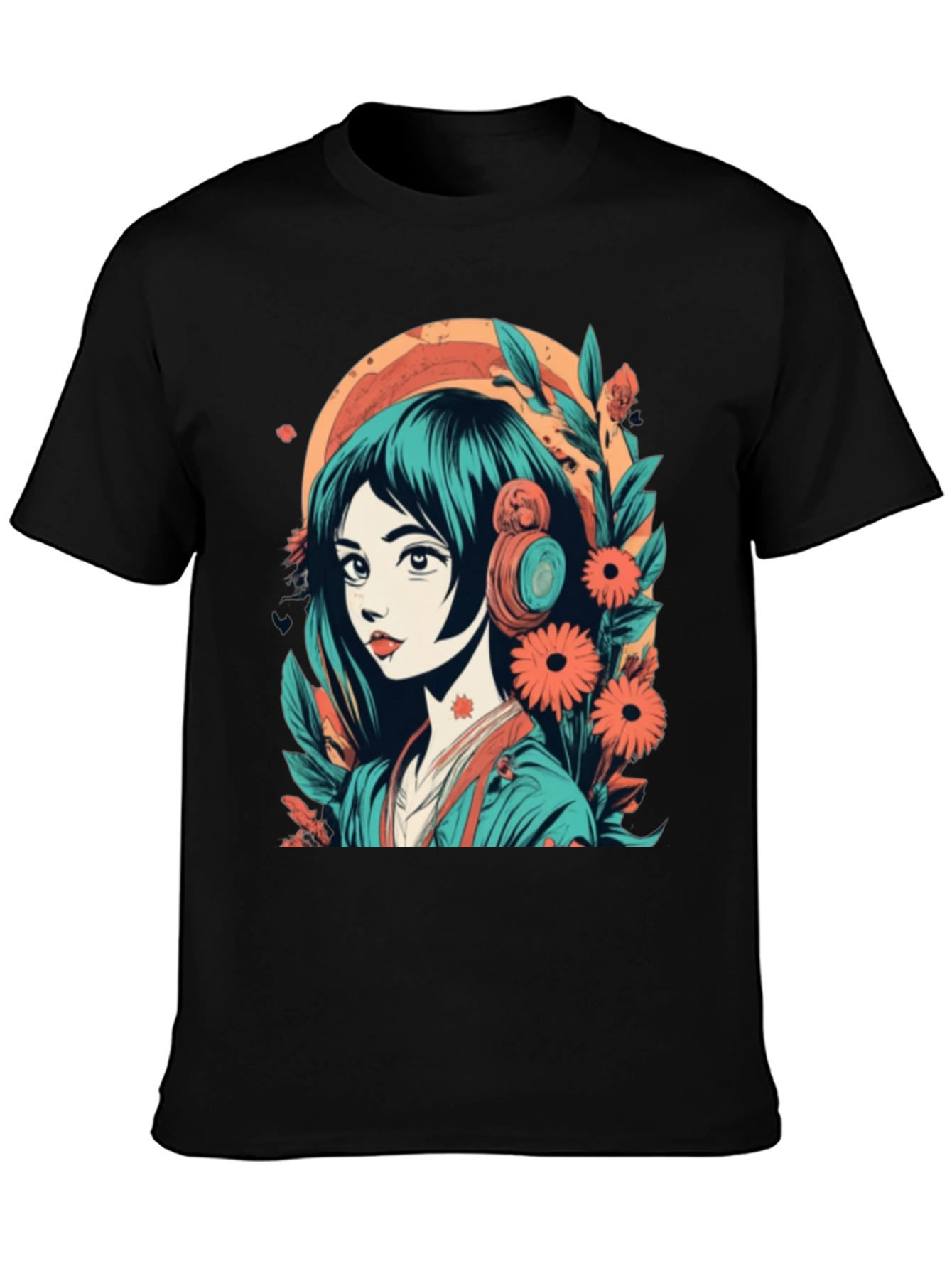 Anime Girl Graphic Tee - Floral & Headphones Design