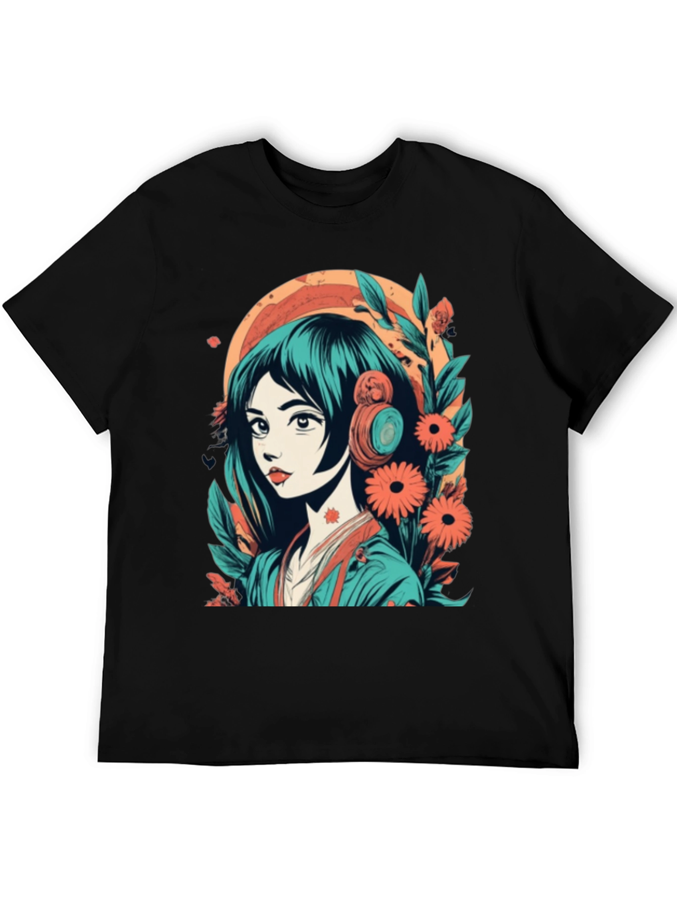 Anime Girl Graphic Tee - Floral & Headphones Design