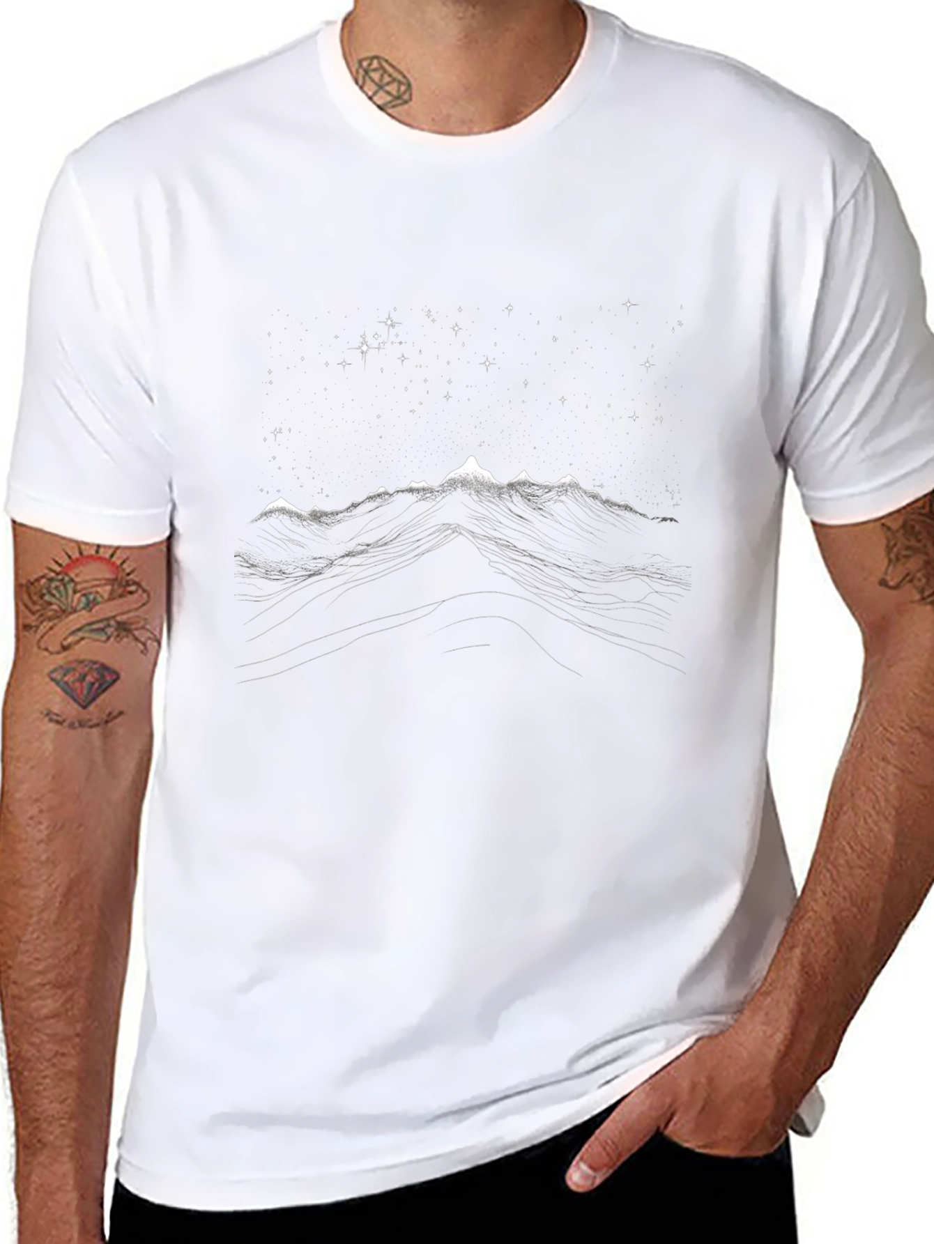 Mountain Starry Night Graphic Tee - Black Cotton T-Shirt