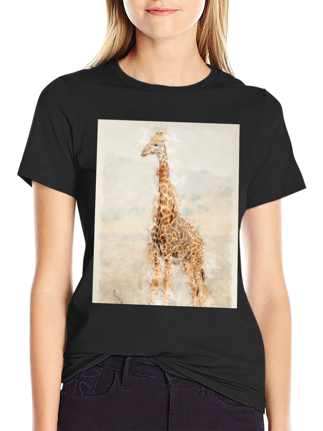 Watercolor Giraffe Graphic Tee - Black