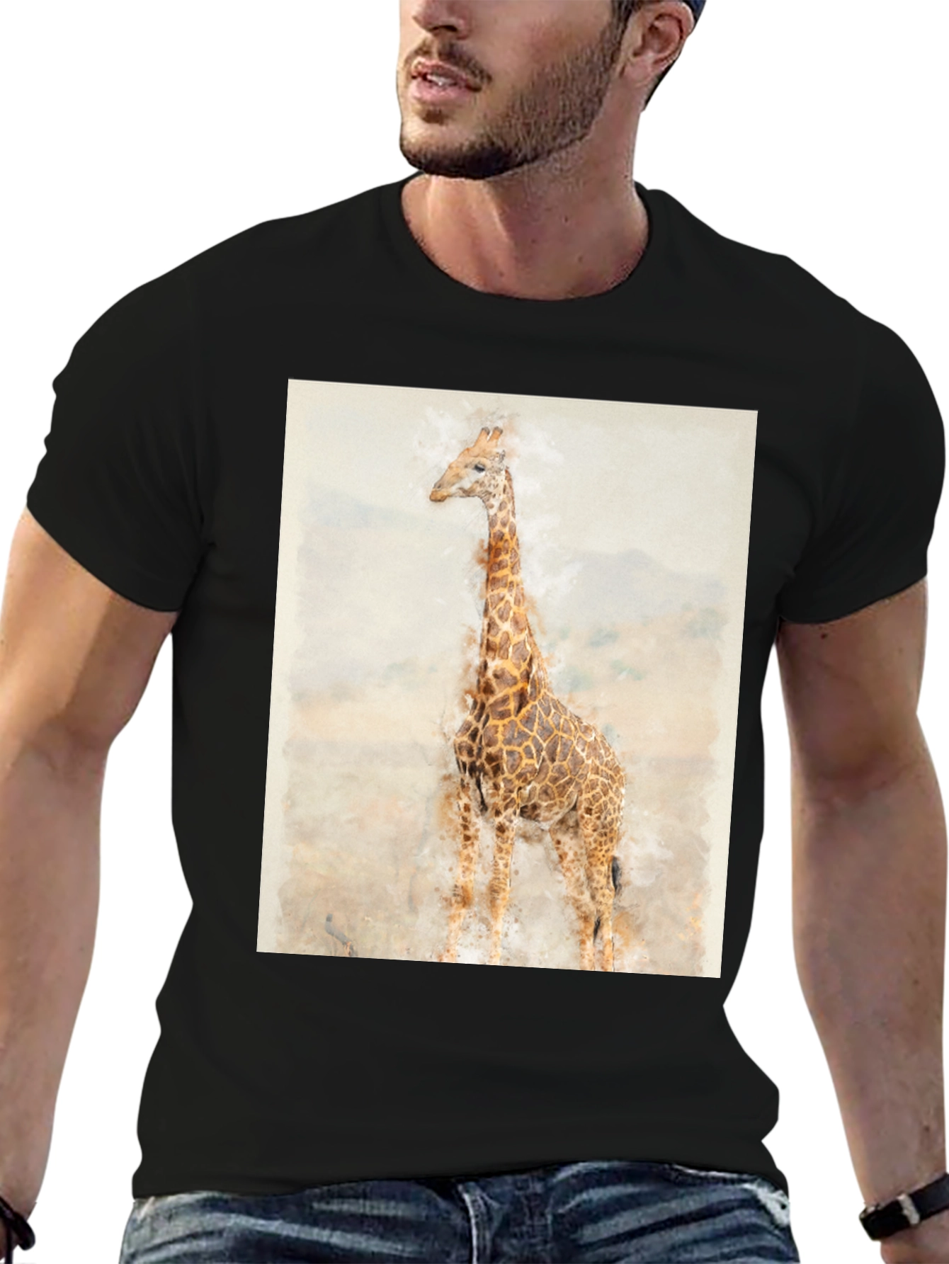 Watercolor Giraffe Graphic Tee - Black