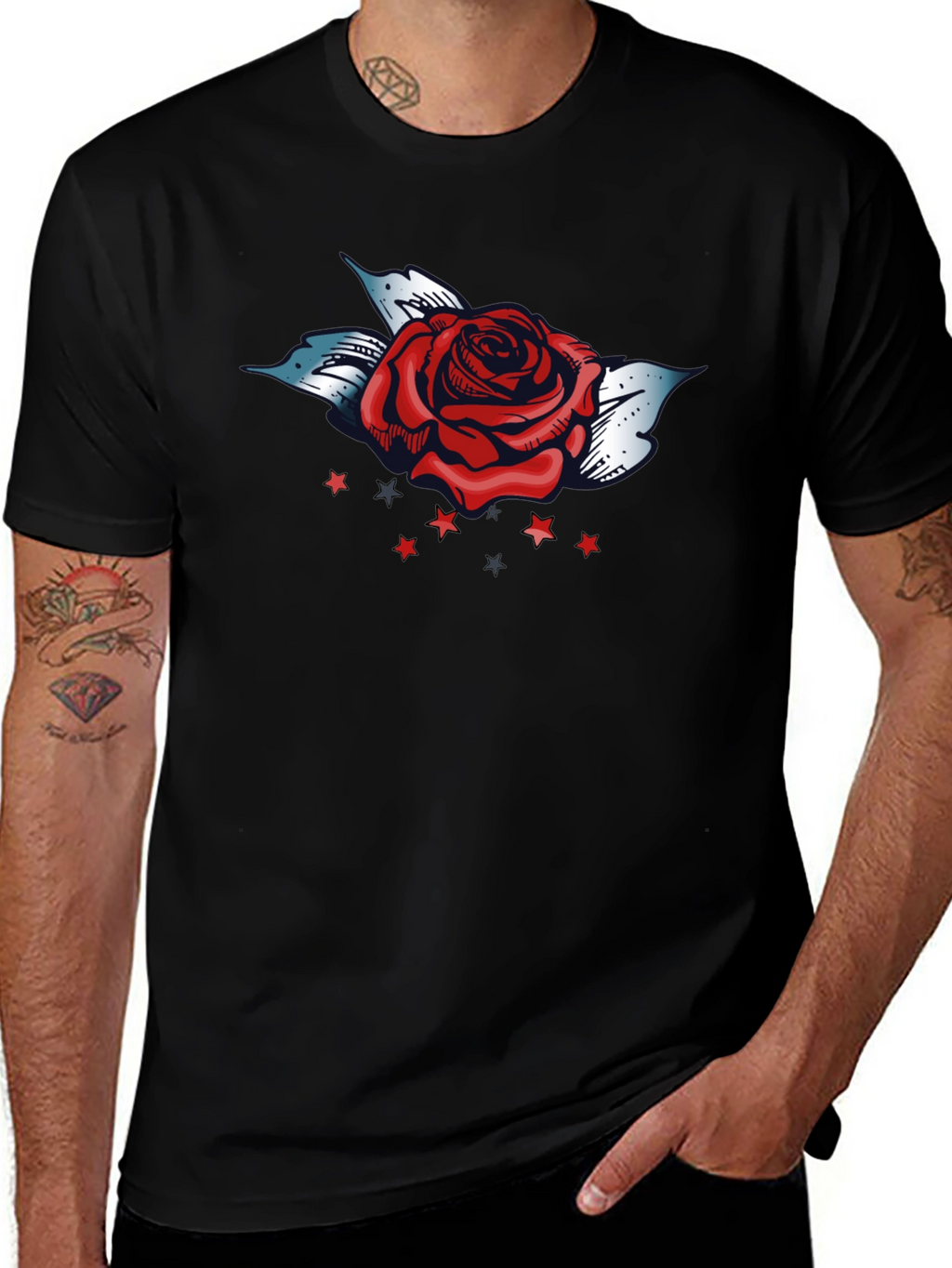 Rose and Stars Graphic Tee - Bold Black T-Shirt