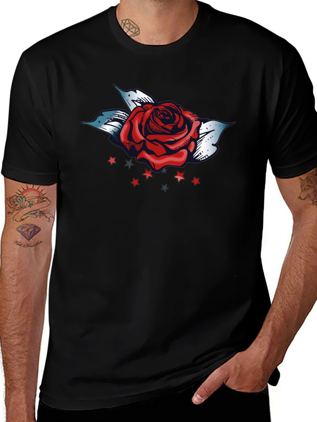 Rose and Stars Graphic Tee - Bold Black T-Shirt
