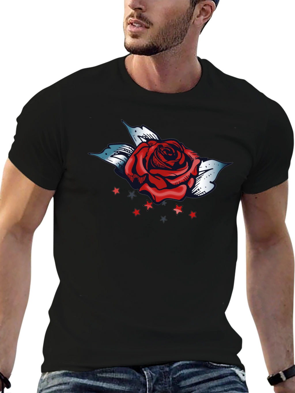 Rose and Stars Graphic Tee - Bold Black T-Shirt