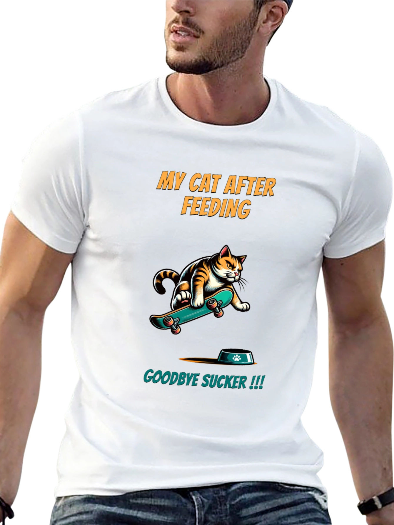 Funny Cat Skateboard T-Shirt - My Cat After Feeding