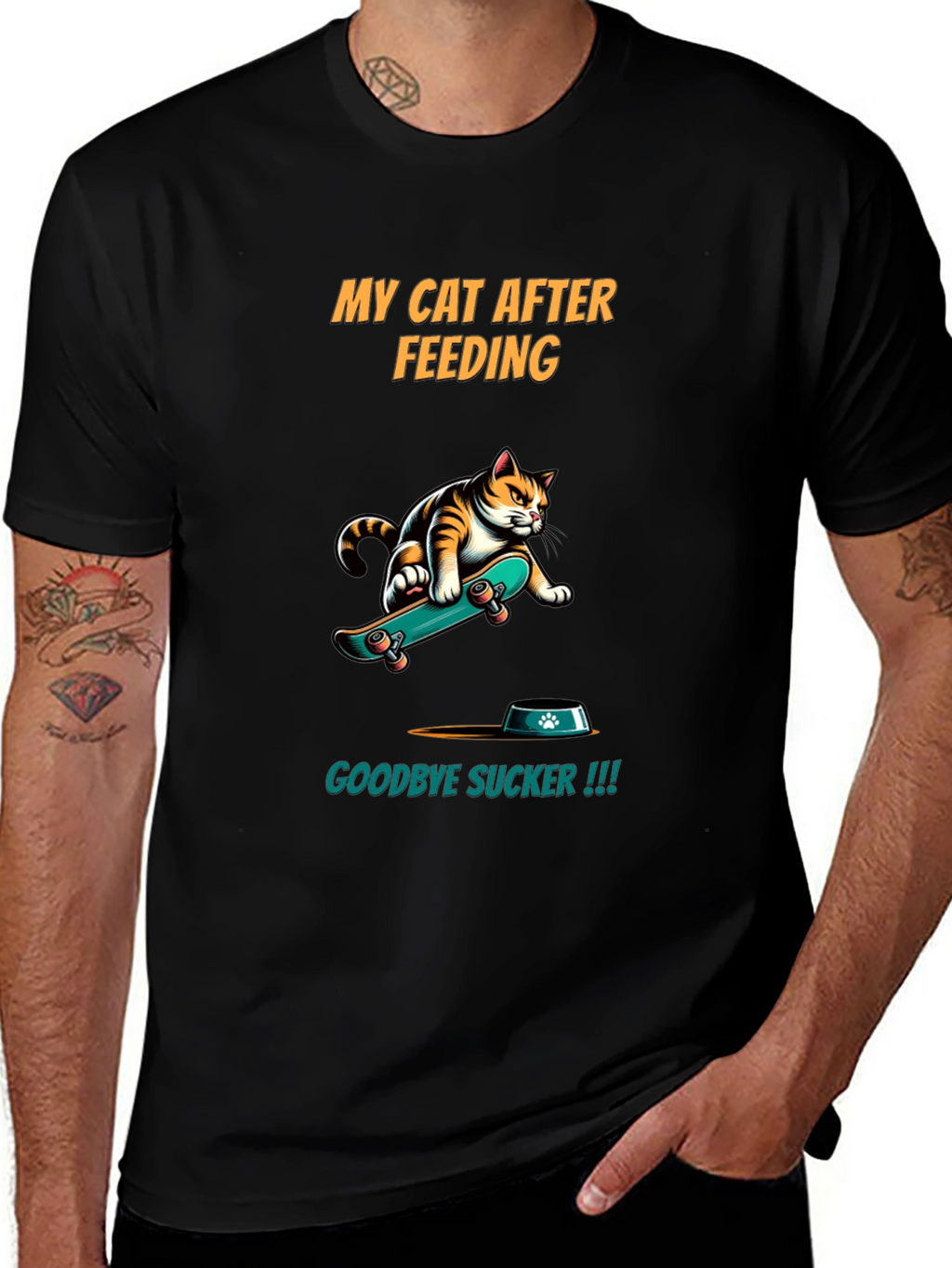 Funny Cat Skateboard T-Shirt - My Cat After Feeding