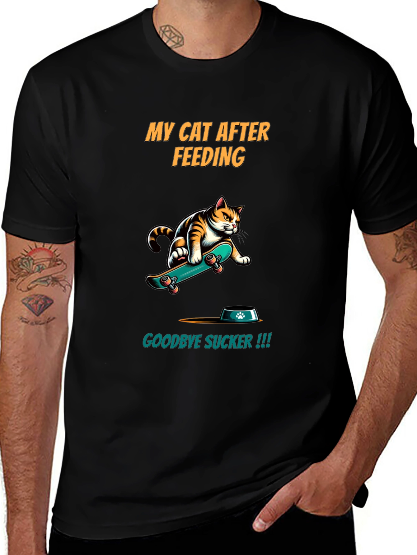 Funny Cat Skateboard T-Shirt - My Cat After Feeding