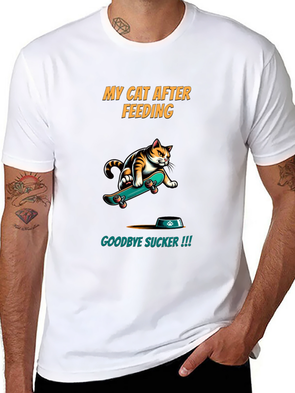 Funny Cat Skateboard T-Shirt - My Cat After Feeding