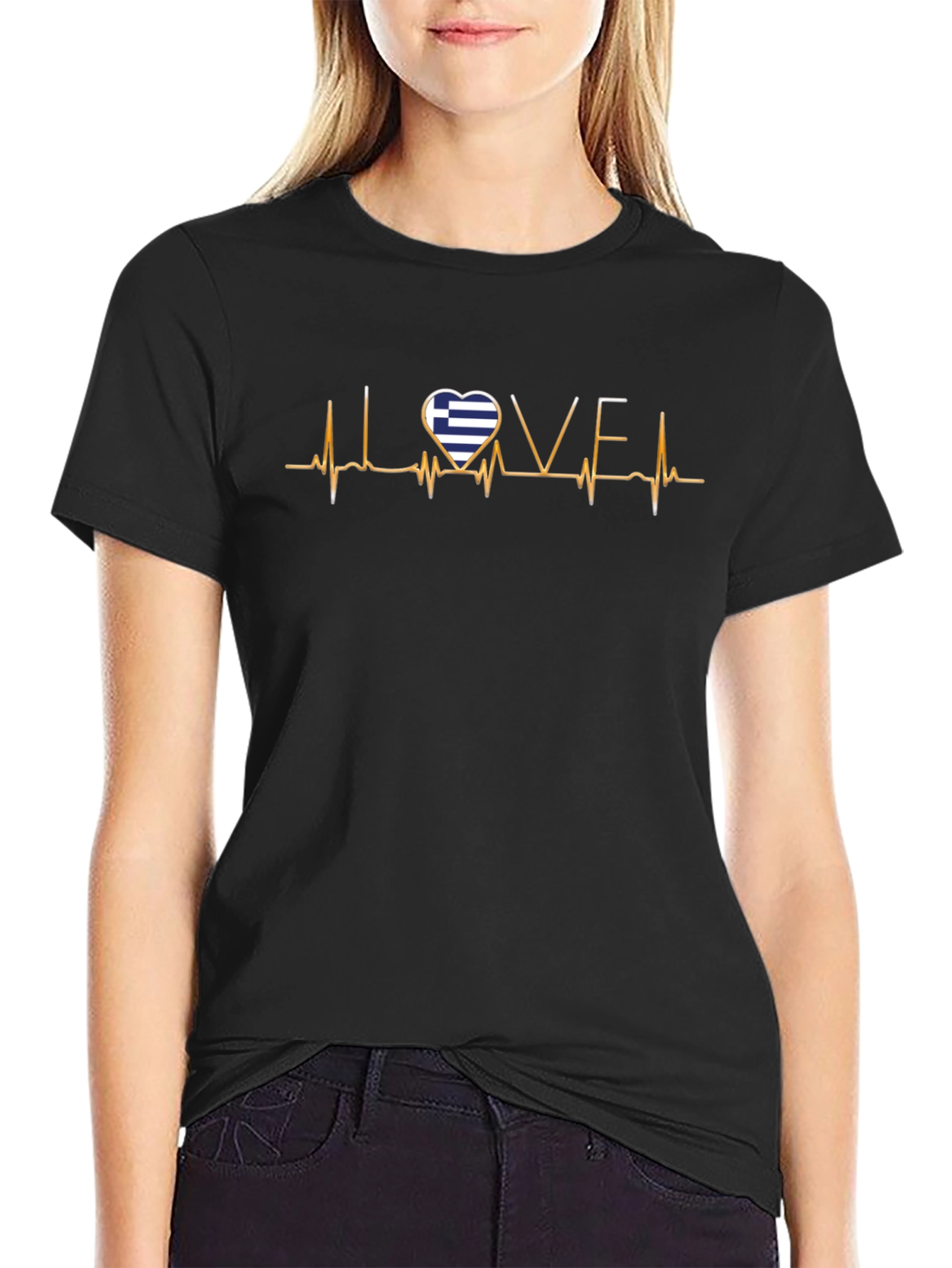 Love Greece Heartbeat T-Shirt - Black