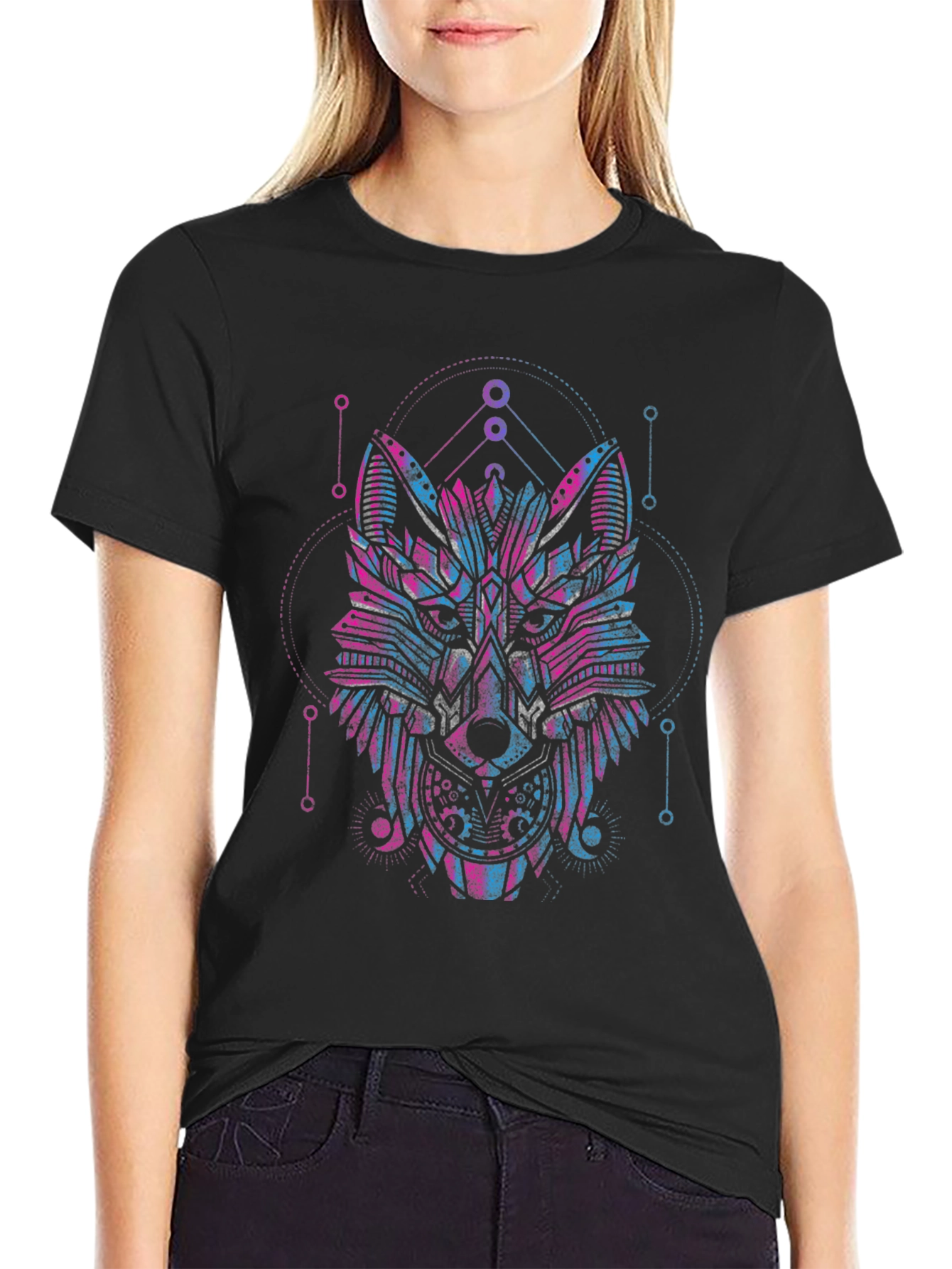 Geometric Wolf Graphic Black T-Shirt