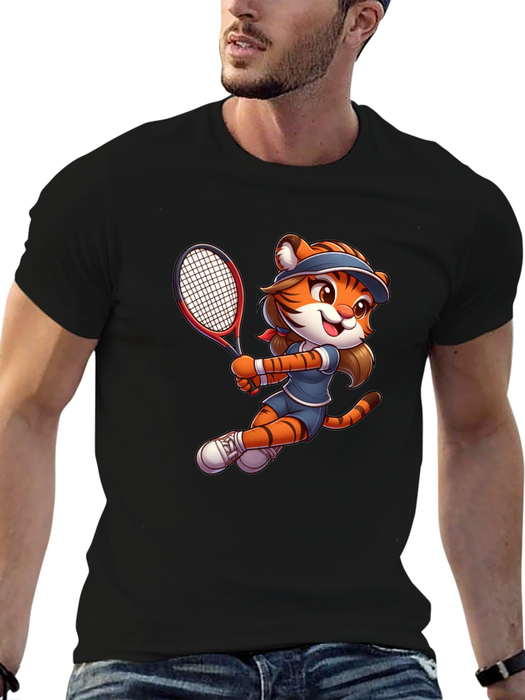 Tiger Tennis Player Graphic T-Shirt - Cartoon Style