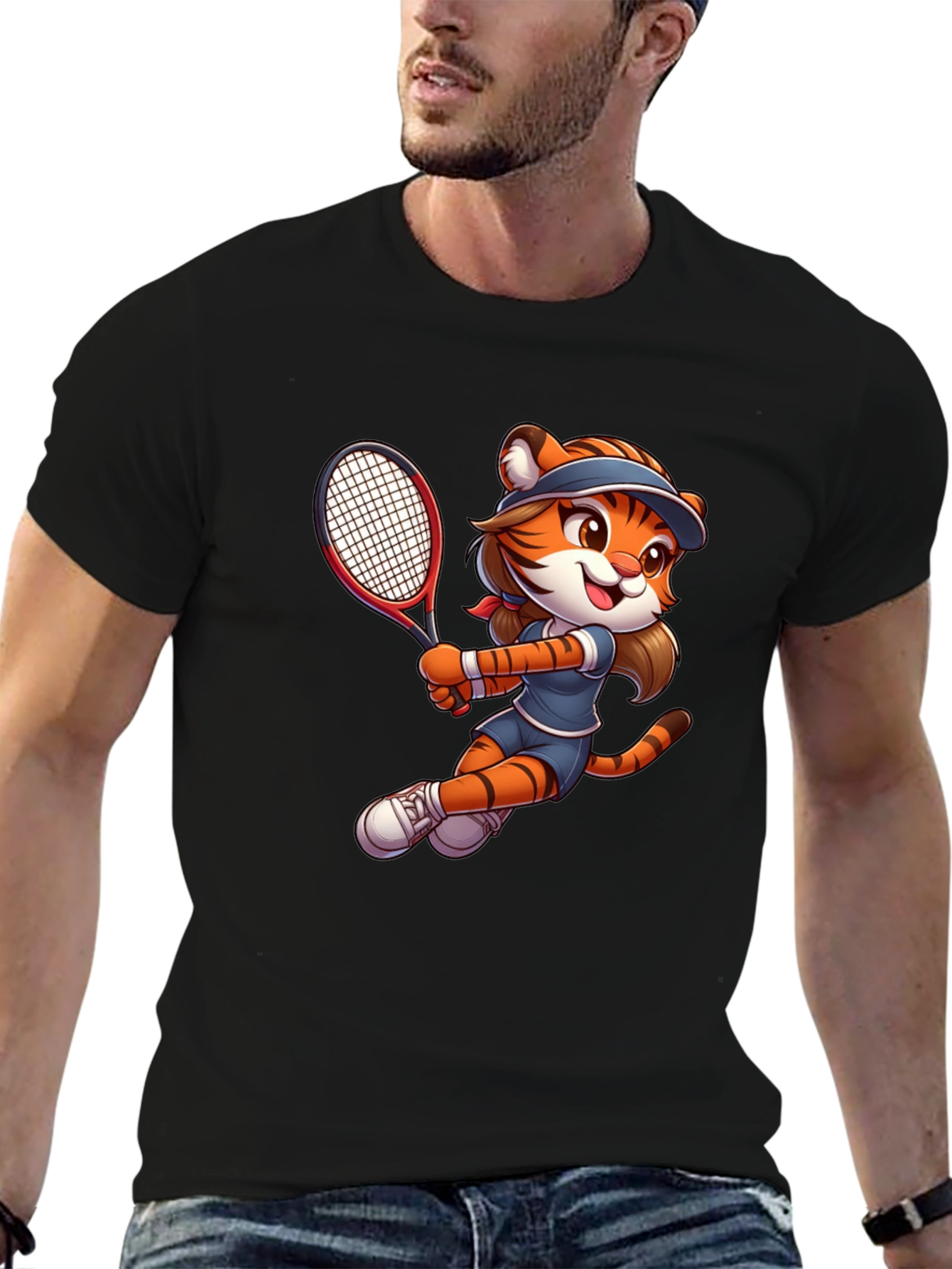 Tiger Tennis Player Graphic T-Shirt - Cartoon Style