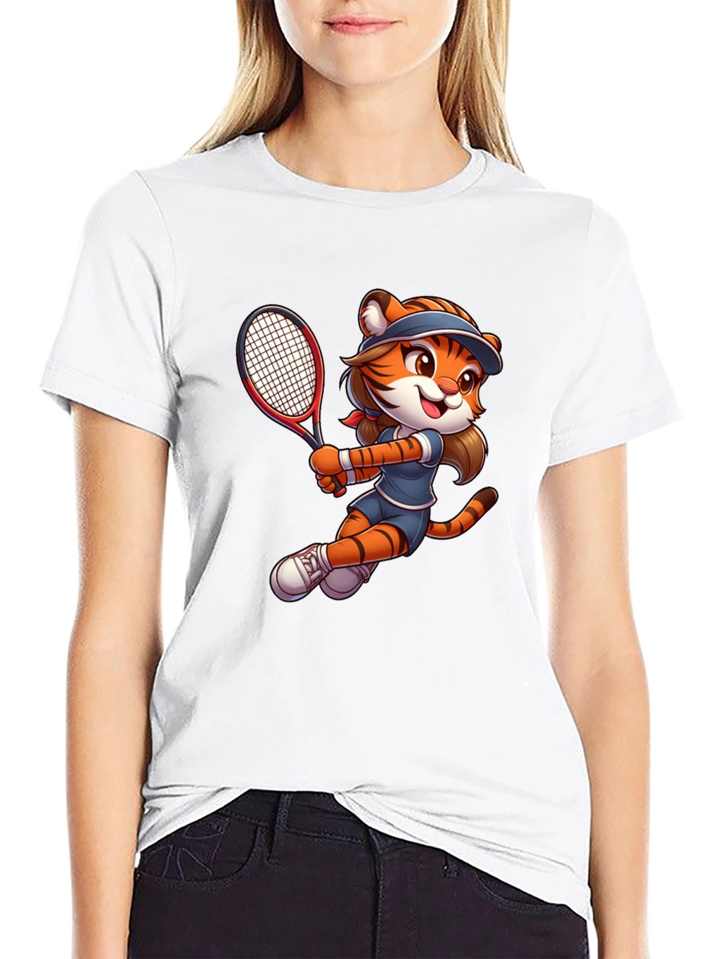 Tiger Tennis Player Graphic T-Shirt - Cartoon Style