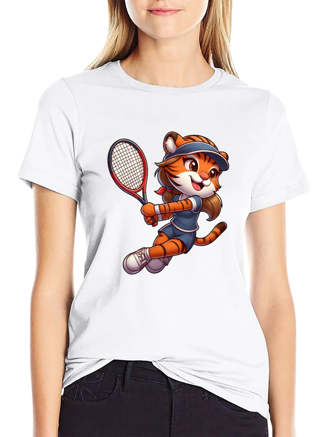 Tiger Tennis Player Graphic T-Shirt - Cartoon Style
