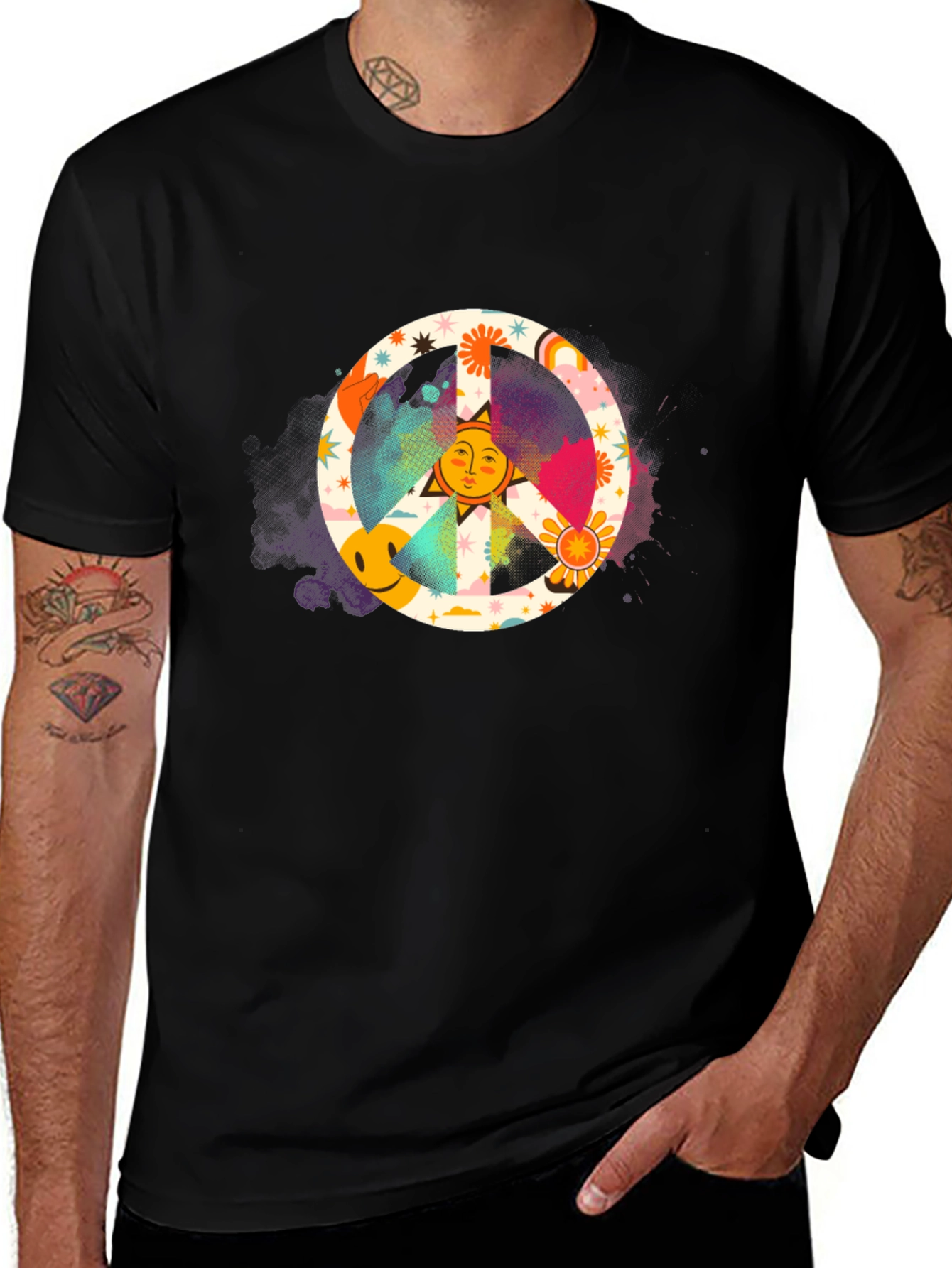 Groovy Peace Sign Graphic Tee - Black Cotton Shirt
