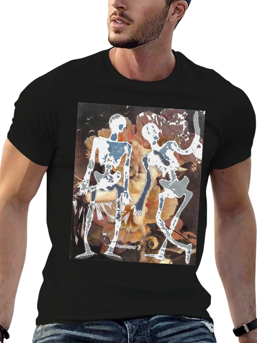Unique Black T-Shirt with Skeleton Art Design