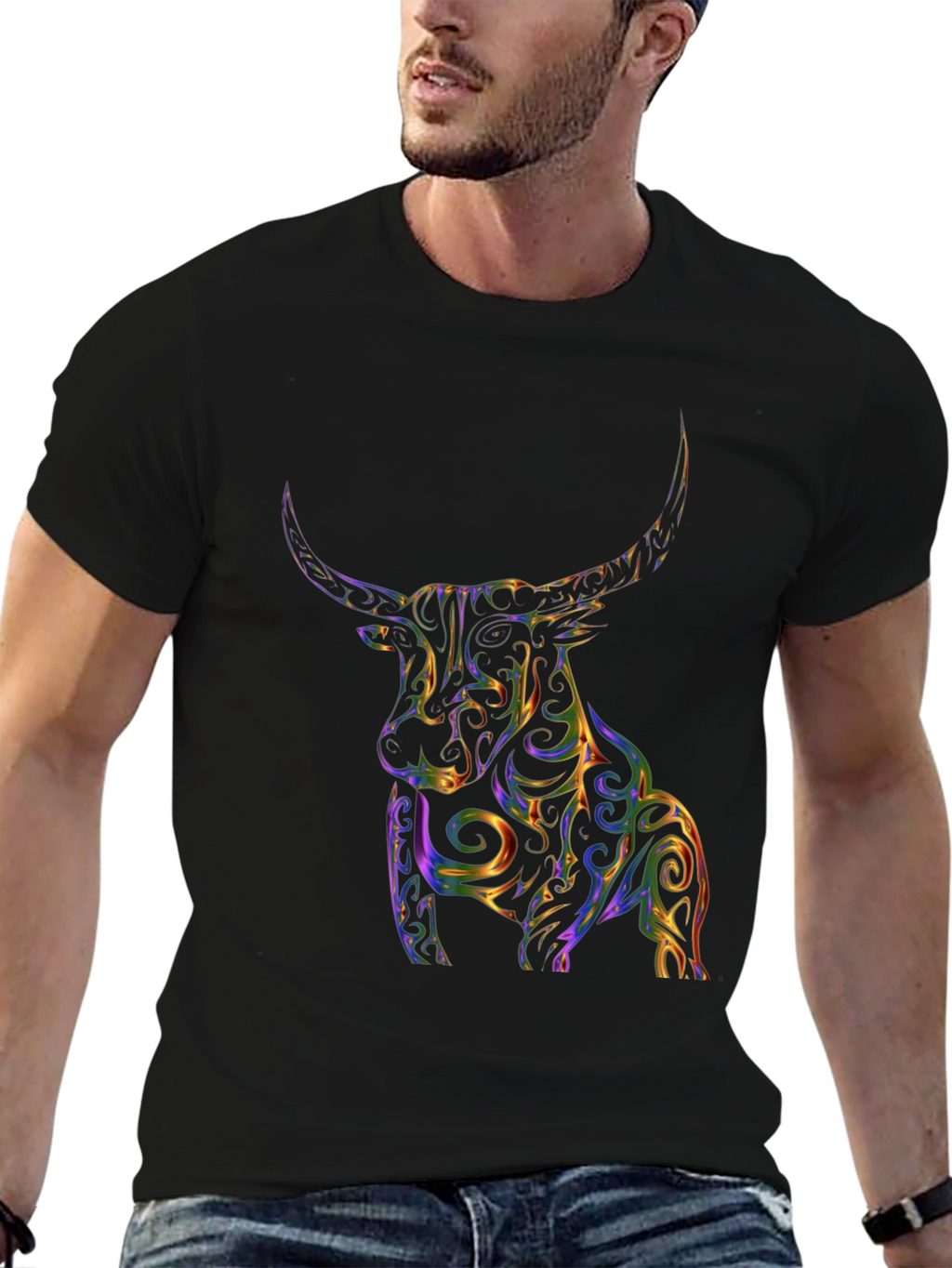 Vibrant Bull Graphic Tee - Black Cotton Blend