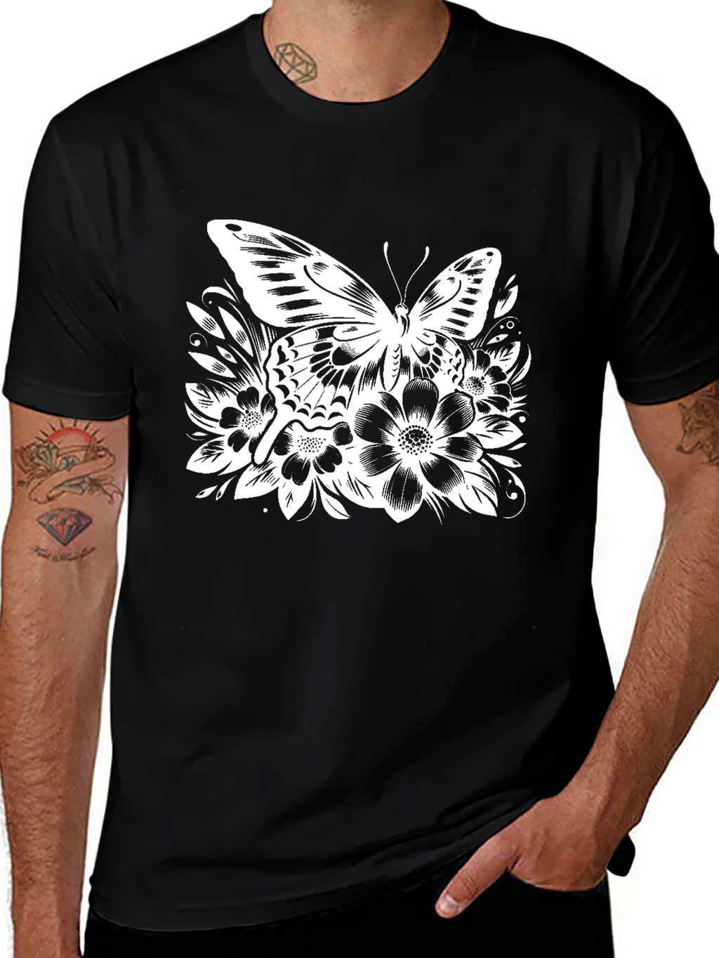 Butterfly Floral Graphic Black T-Shirt