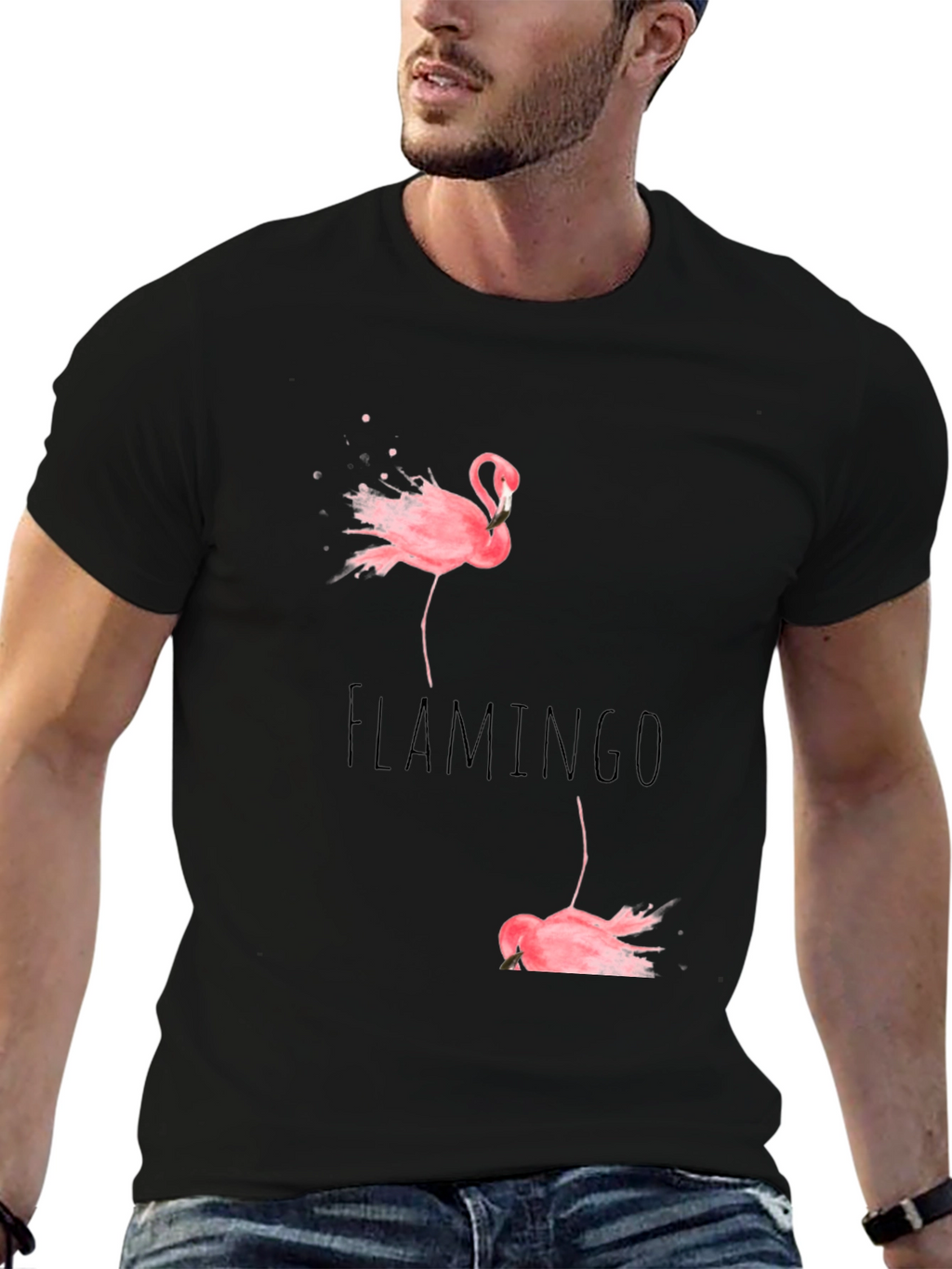 Flamingo Print Black Cotton T-Shirt