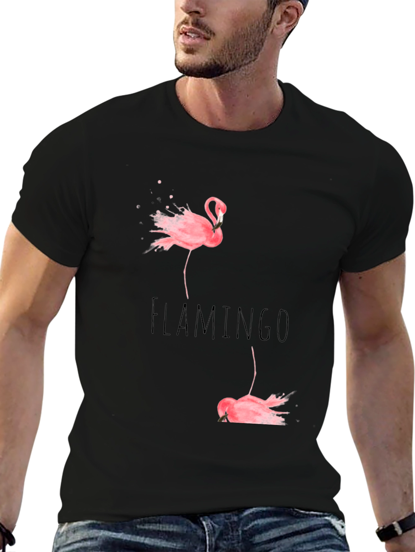 Flamingo Print Black Cotton T-Shirt