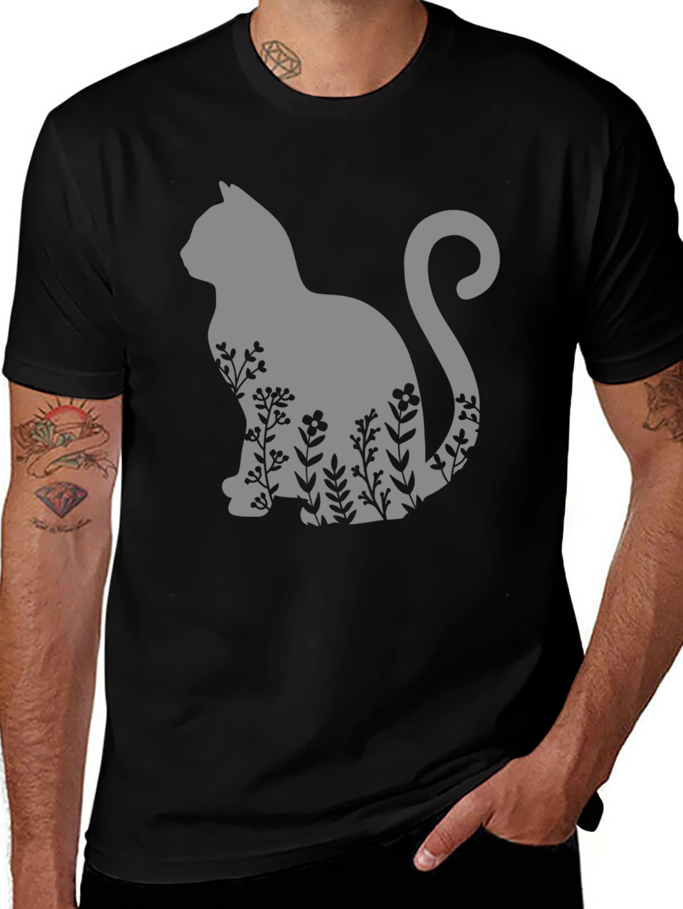 Cat & Floral T-Shirt - Black Tee