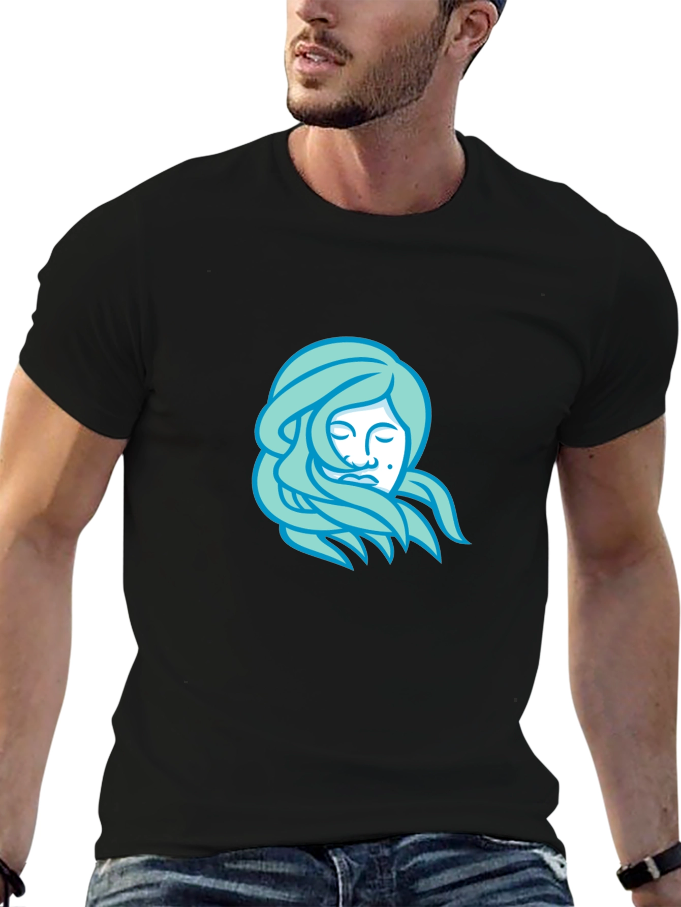 Black T-Shirt with Light Blue Woman Portrait