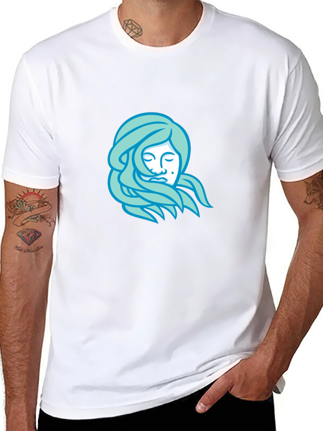 Black T-Shirt with Light Blue Woman Portrait
