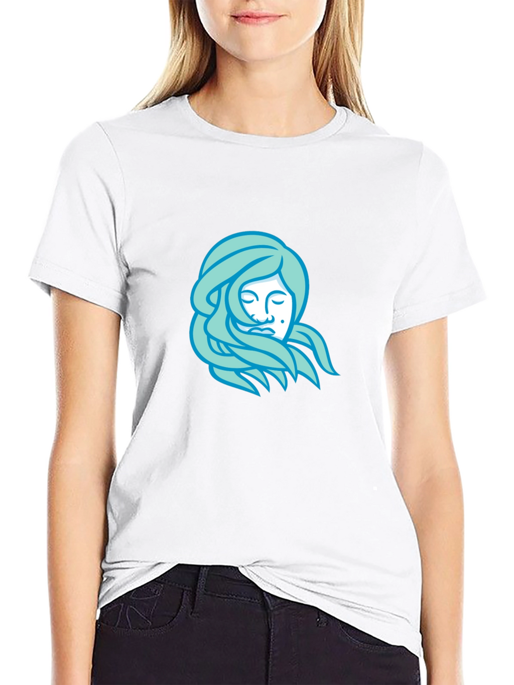 Black T-Shirt with Light Blue Woman Portrait