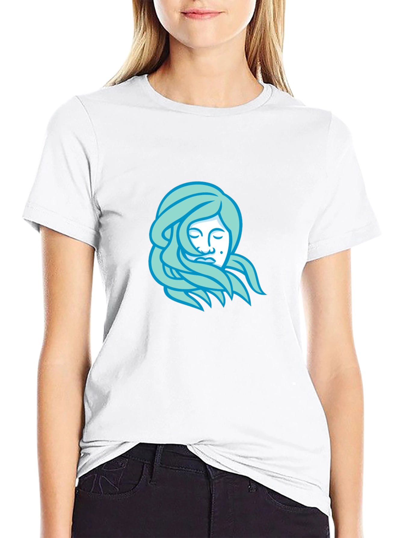 Black T-Shirt with Light Blue Woman Portrait