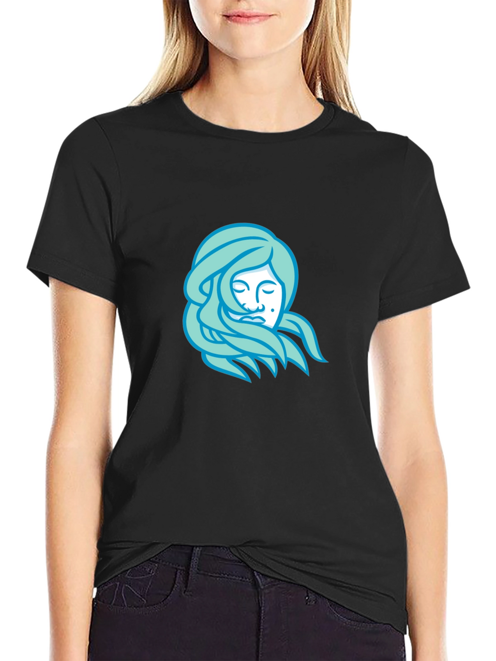 Black T-Shirt with Light Blue Woman Portrait