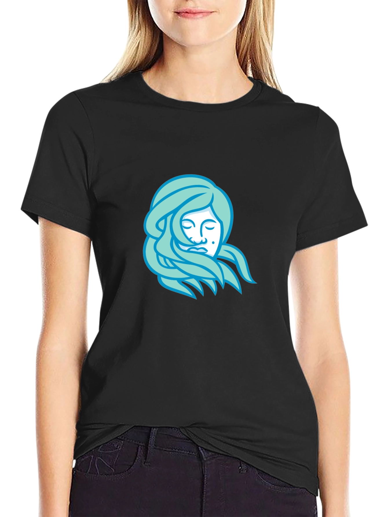 Black T-Shirt with Light Blue Woman Portrait