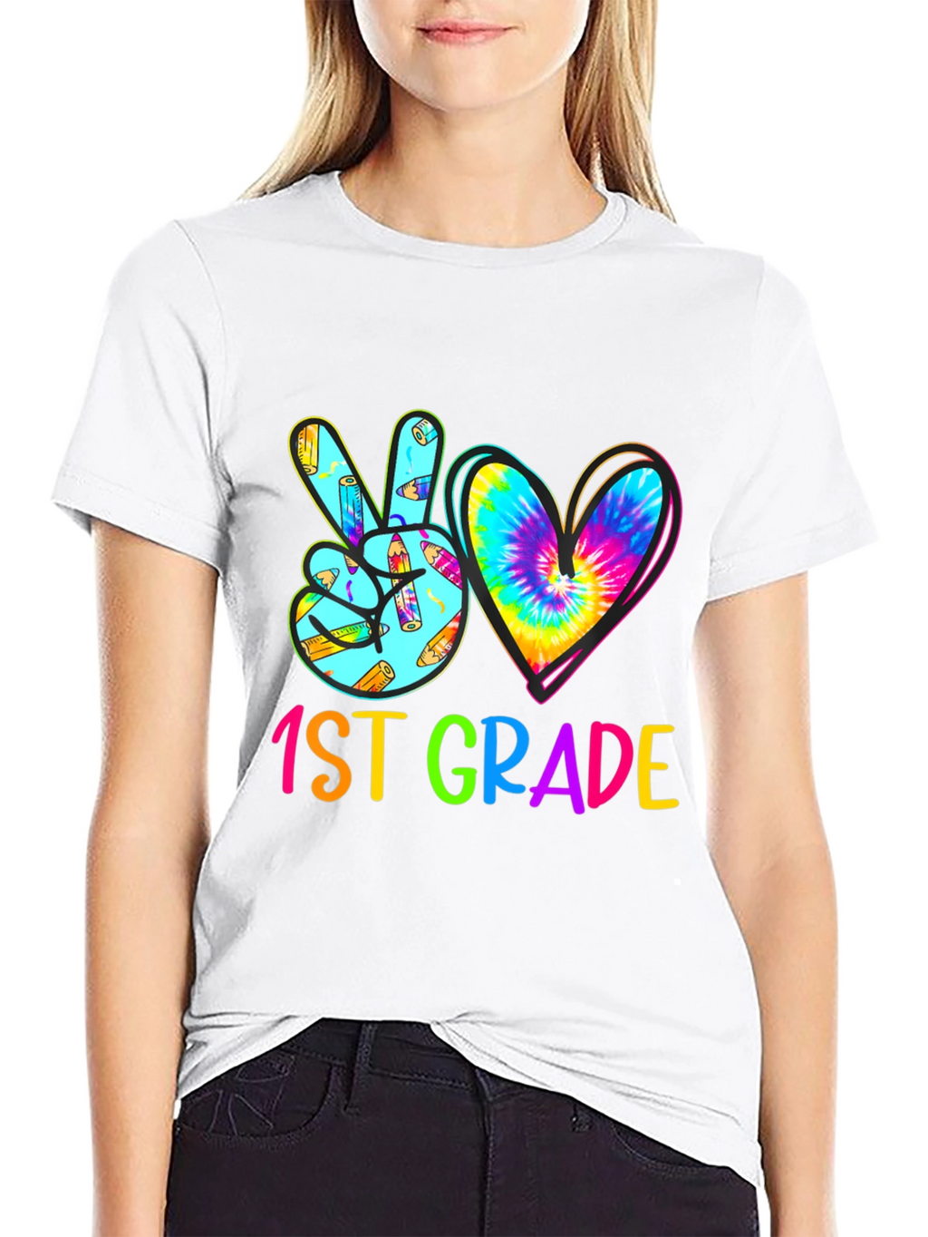 1st Grade Peace Sign Heart Tie Dye Teacher Shirt