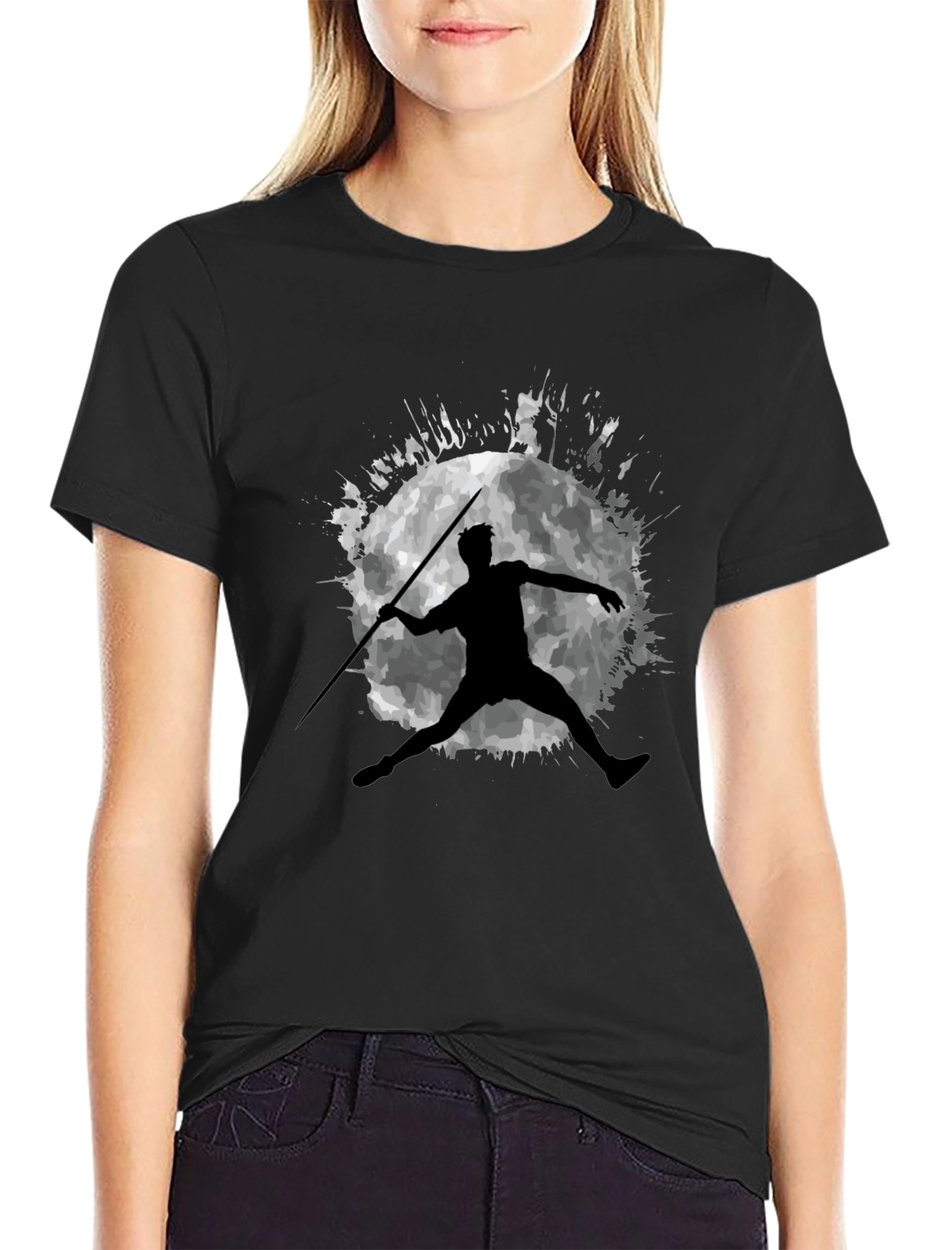 Javelin Thrower Moon Graphic Black T-Shirt