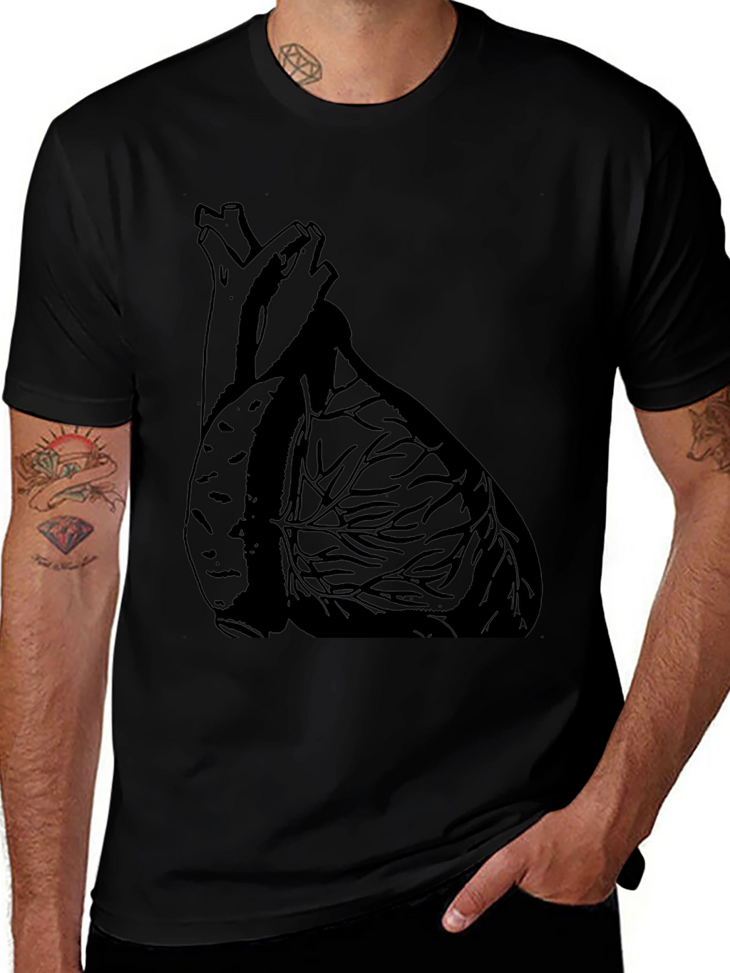 Anatomical Heart Graphic Tee - Black Cotton Casual T-Shirt