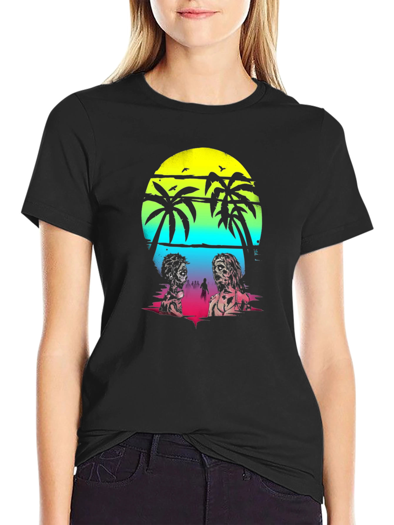 Zombie Beach T-Shirt: Sunset Palm Design