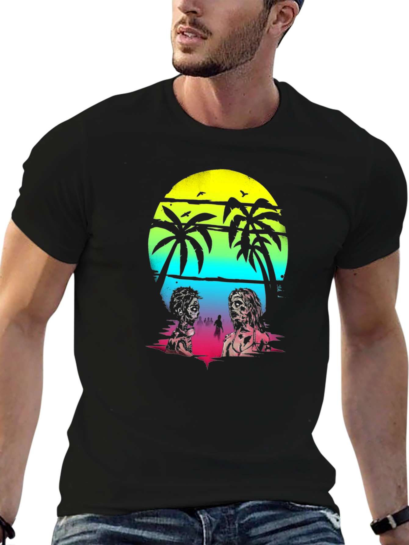 Zombie Beach T-Shirt: Sunset Palm Design