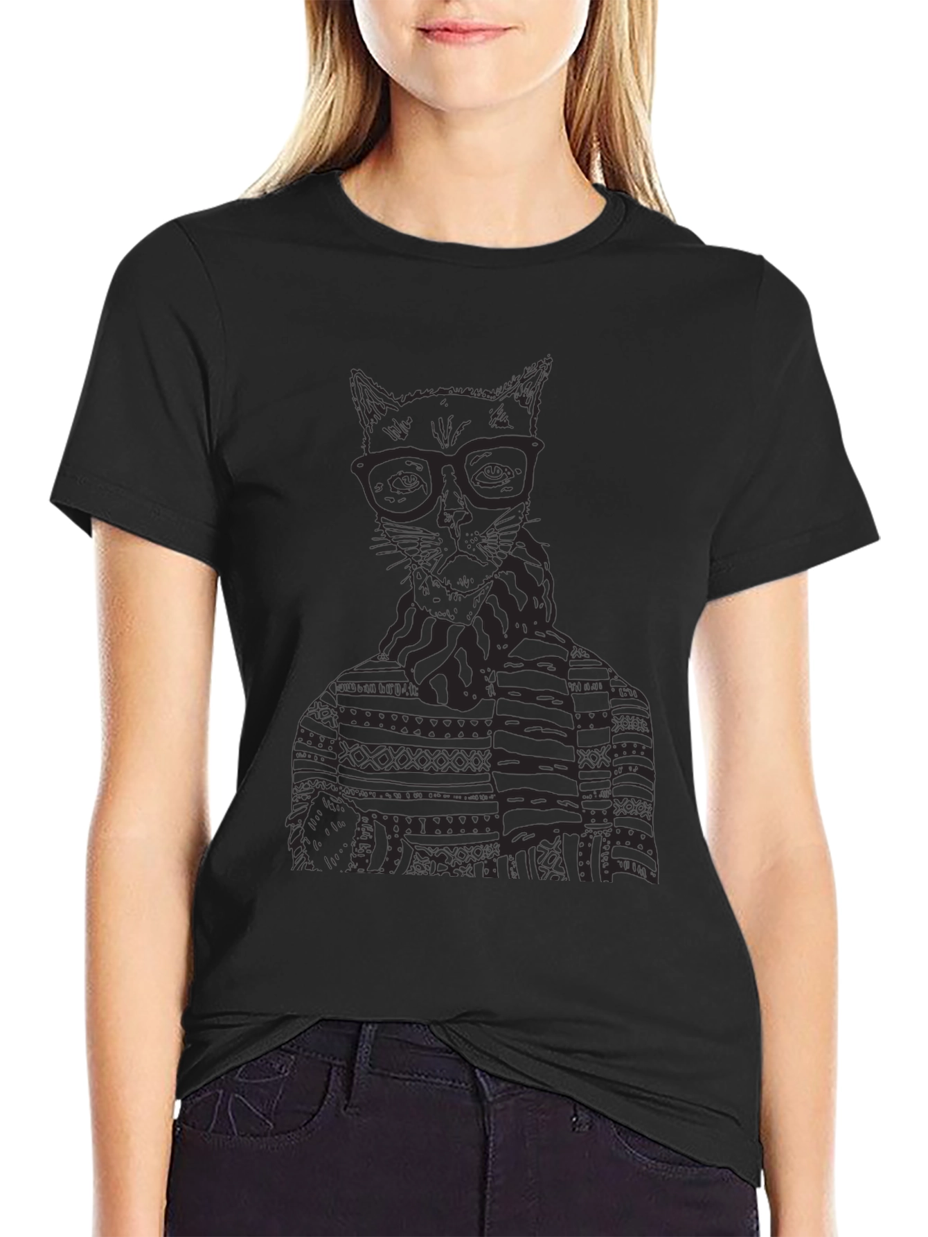 Cat in Glasses Graphic T-Shirt - Black