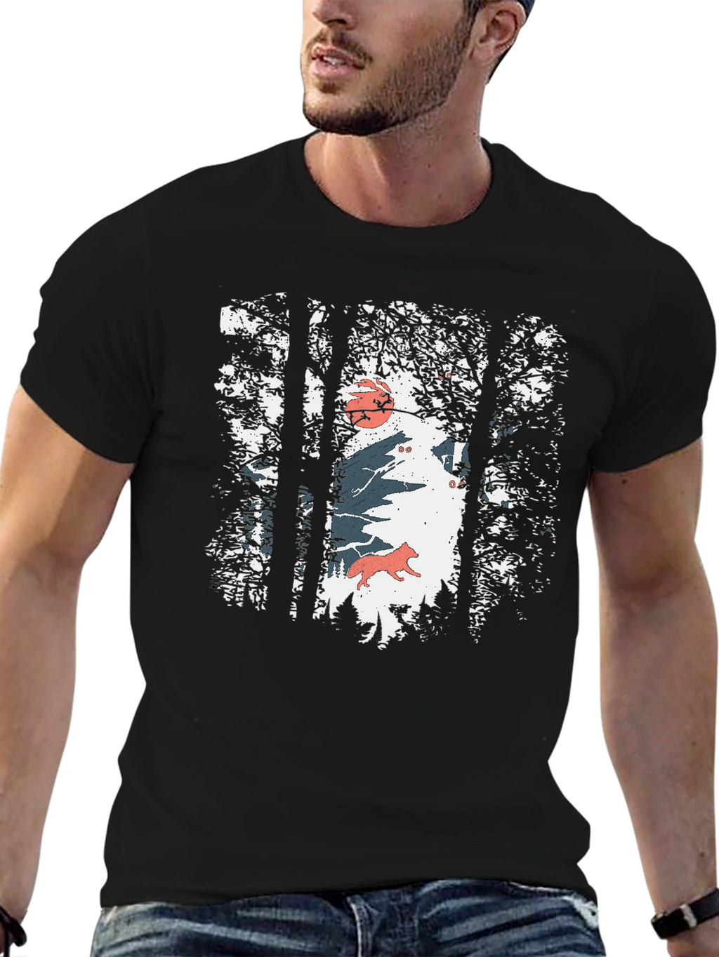 Nature Wolf Graphic Print Black T-Shirt