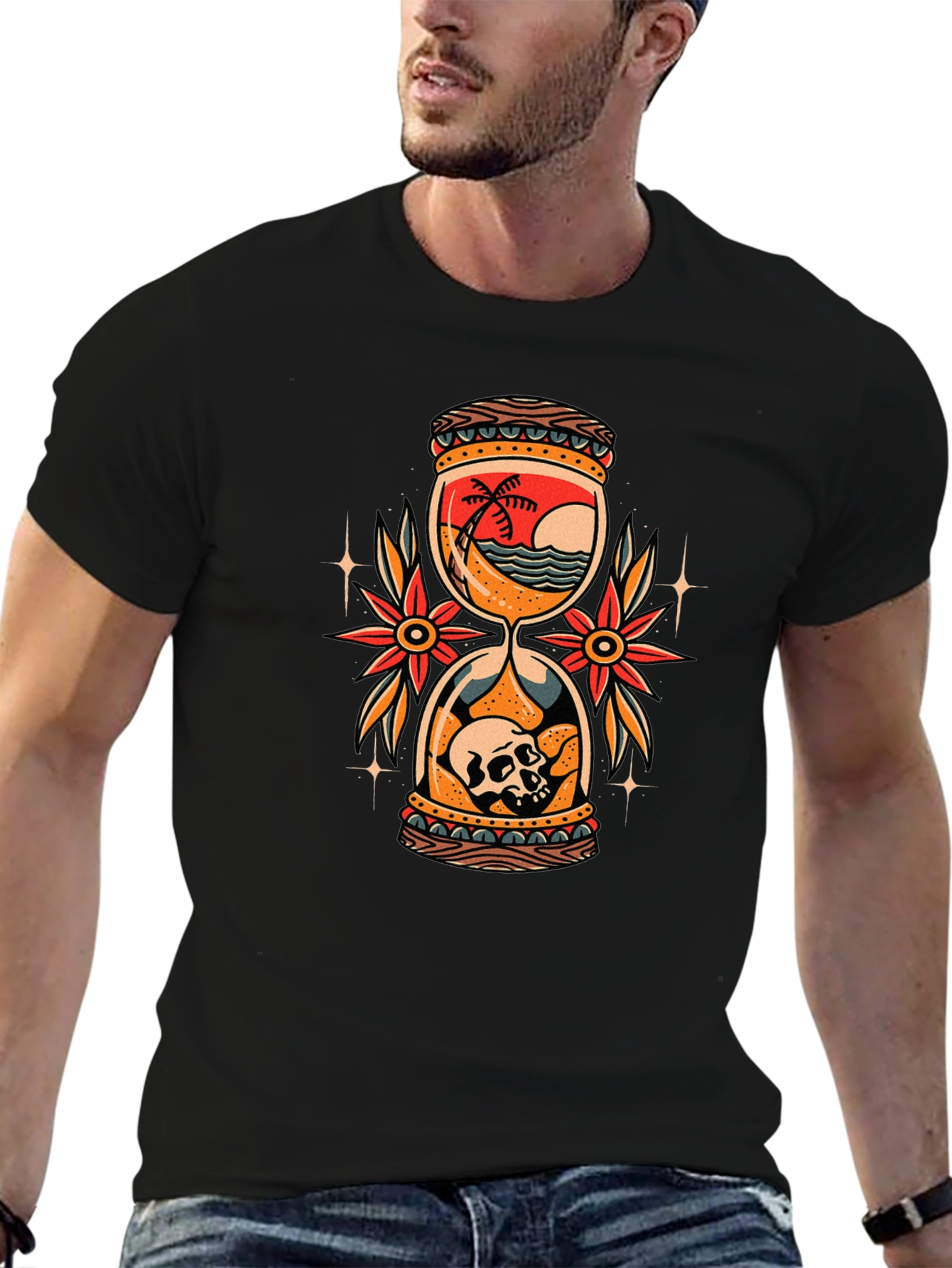 Skull Beach Hourglass Graphic Black T-Shirt
