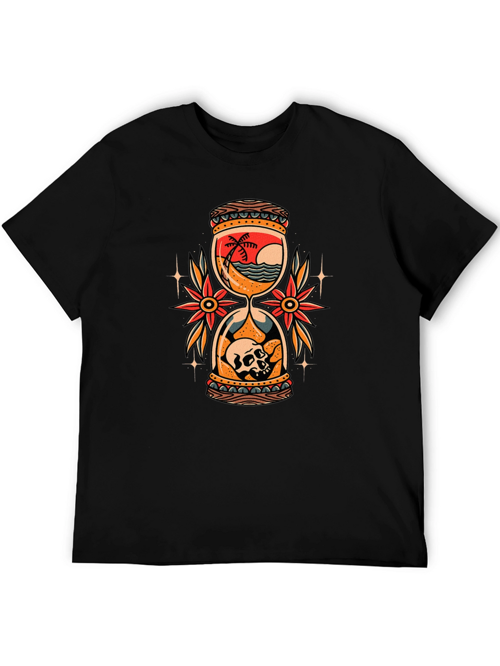 Skull Beach Hourglass Graphic Black T-Shirt