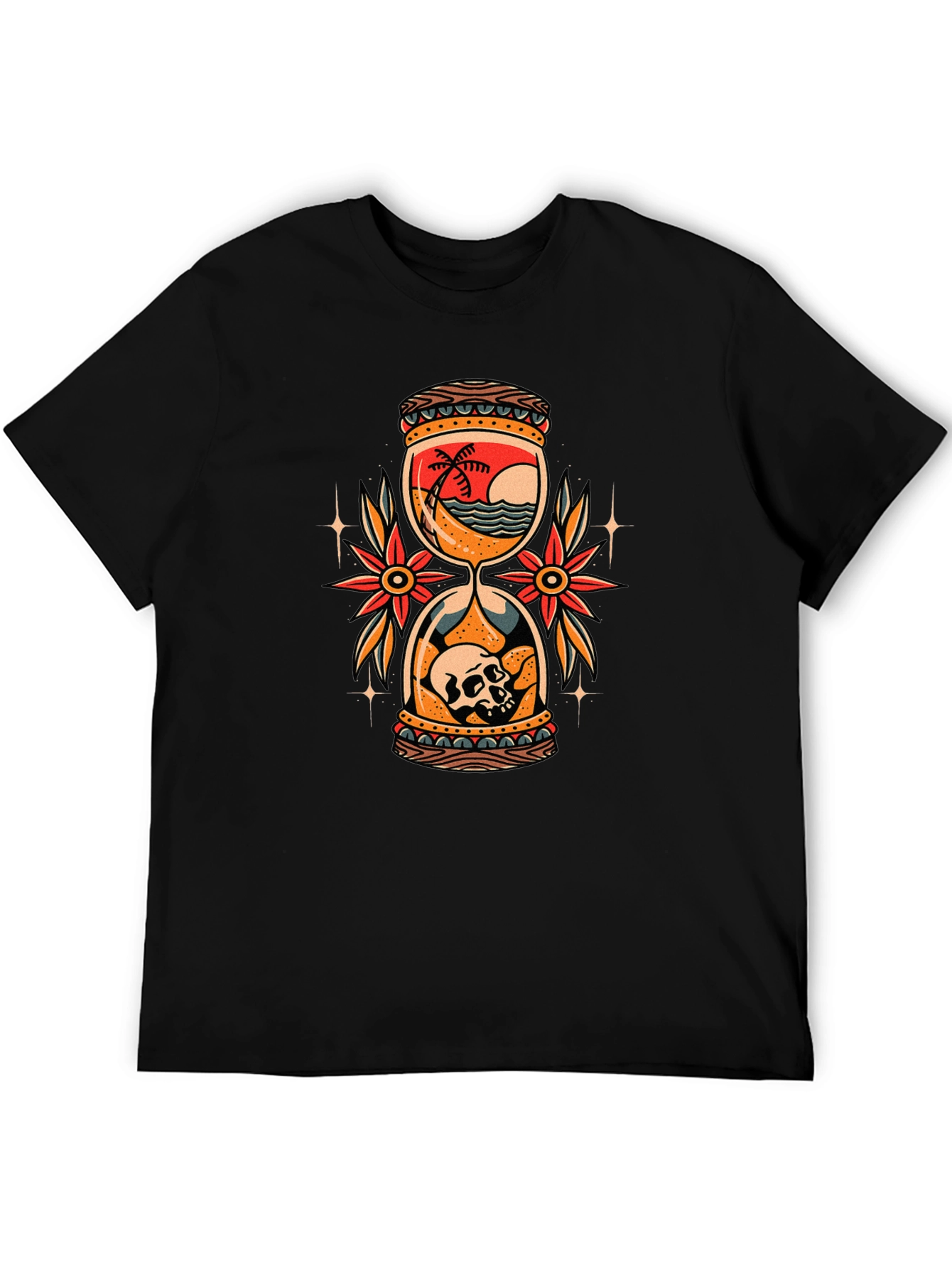 Skull Beach Hourglass Graphic Black T-Shirt
