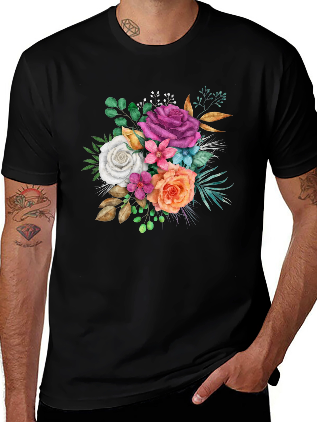Floral Bouquet Graphic Black T-Shirt