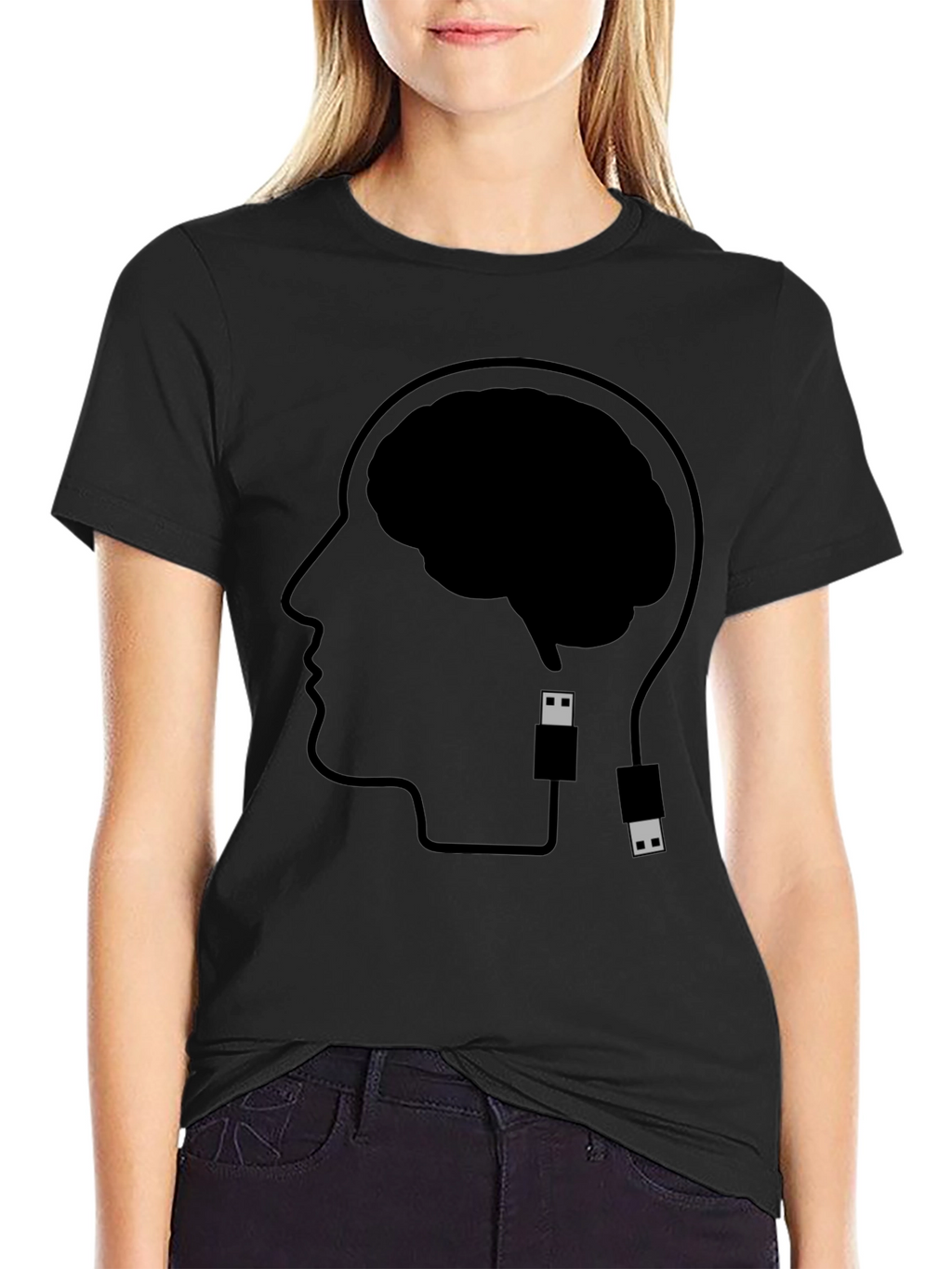 Brain Uploading T-Shirt - Black Cotton Graphic Tee