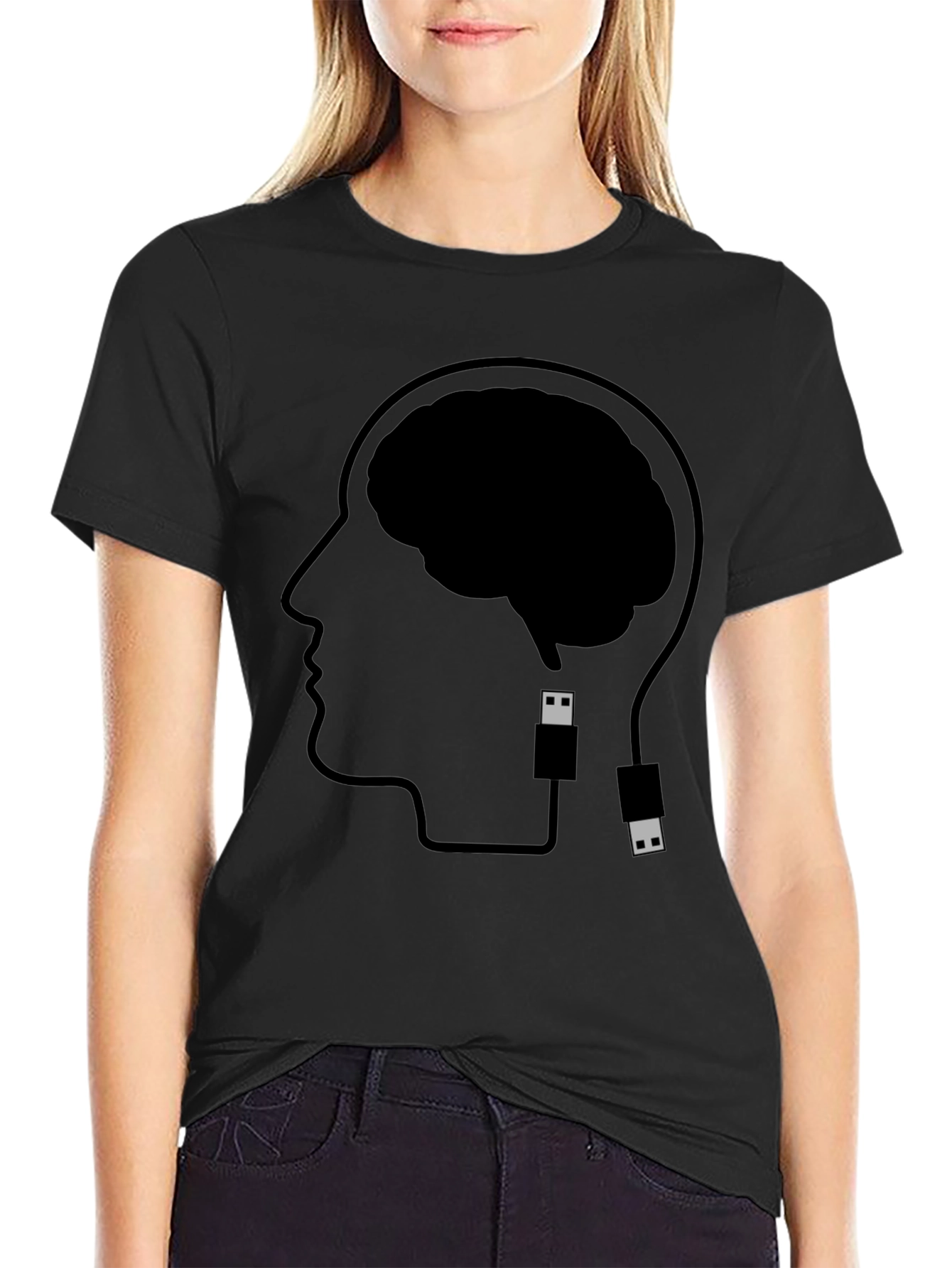 Brain Uploading T-Shirt - Black Cotton Graphic Tee