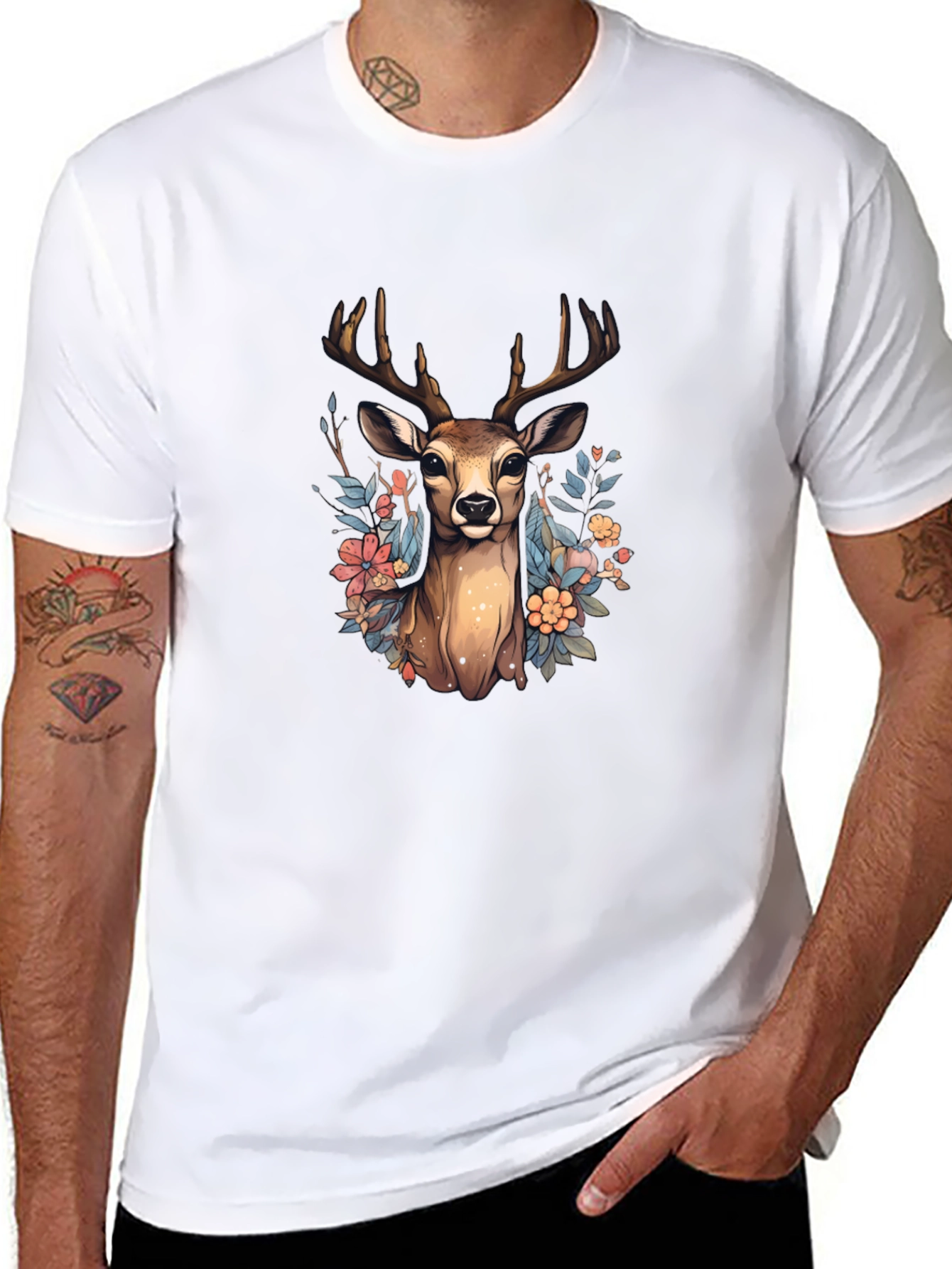 Floral Deer Graphic Tee - Nature Inspired T-Shirt